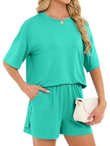 Women's 2 Piece Short Sets Loose Lounge Sets Summer Matching Sets - color: Turquoise, size: X-Large