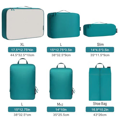 Bagail Ultralight Compression Cubes 7 Set - 3 Packing Cubes, 3 Organizers, and 1 Shoe Bag - color: The Teal, style: Cloth Pattern