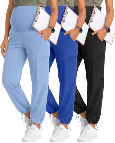 Locoowai 3 Pack Women's Maternity Jogger Scrub Pants with Pocket - color: Black, Sapphire Blue, Light Blue, size: Medium