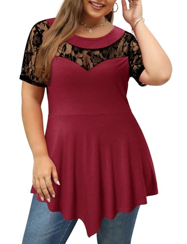Magritta Women's Short Sleeve Crew Neck Plus Size Tunic Tops - color: Deepred, size: 5X