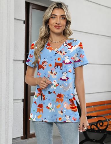 LOMON Women's V Neck Printed Scrub Top with 3 Pockets - color: Cute Dogs, size: Small