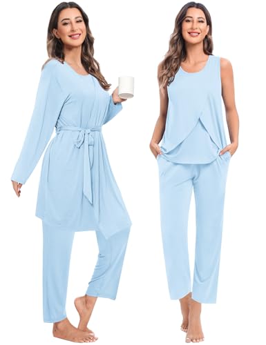 SWOMOG Maternity Nursing Robe Set 3 PCS Postpartum Breastfeeding Pajamas Hospital Pregnancy Pjs Double Layer Lounge Set - color: Baby Blue, size: Medium