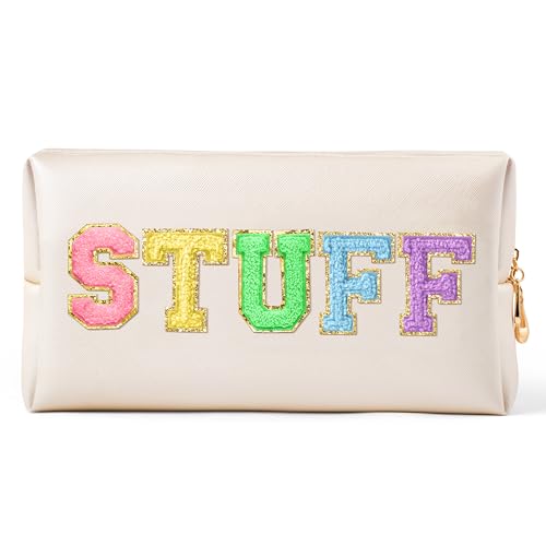 CY2SIDE STUFF Letter Makeup Bag - Colorful Stuff Chenille Letter Patch Cosmetic Bag Shell Gold PU Leather Patch Pouch Waterproof Portable Zipper Travel Organizer Christmas Idea Gifts for Women Girls - color: Shell Gold, style: Stuff-multicolors
