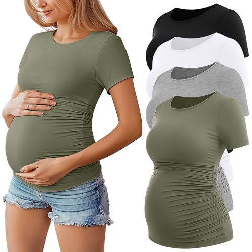 Huukeay 4 Pack Women's Short Sleeve Maternity Tops - color: Black, Army Green, Light Heather Gray, White, size: Medium