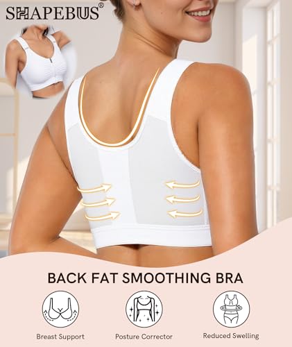Zip Front Closure Everyday Bra for Women Post Surgery Compression Bras with Adjustable Straps Wirefree - color: White, size: Small