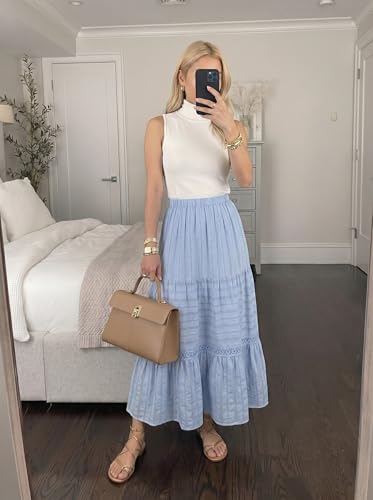 BLENCOT Women's Boho Tiered High Waisted Cotton Long Flowy Skirt - color: Blue, size: Medium
