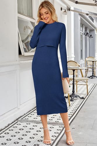 OUGES Women's Wool Blend Sweater Nursing Ribbed Fall Maternity Dress - color: Dark Blue, size: XX-Large