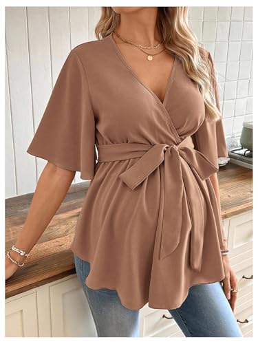MakeMeChic Women's Maternity Nursing Blouse Wrap Belted Pregnancy Shirt - color: Mocha Brown, size: Medium