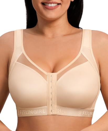 FeelinGirl Front Closure Post Surgery Compression Bra with Adjustable Straps Wireless Breast Augmentation Post Op Bras - color: Beige, size: X-Large