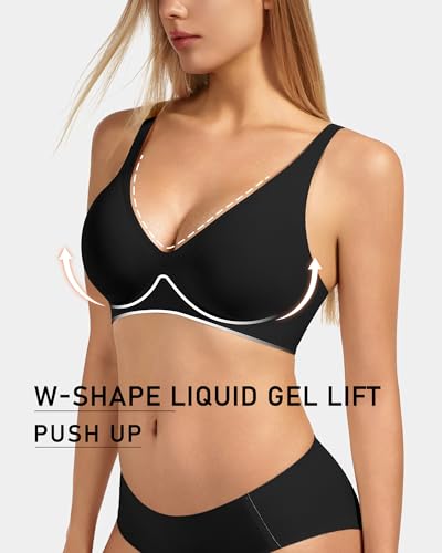 VQJ Women's Wireless Push Up Plunge T-Shirt Jelly Bras - color: Classic Black, size: 3X-Large