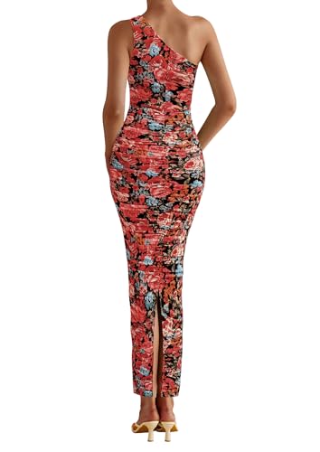 PRETTYGARDEN One Shoulder Maxi Dress Ruched Printed - color: Black Flower, size: X-Large