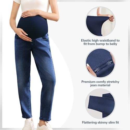 Women's Maternity Jeans Over Belly, Loose Pregnancy Pants with Pockets, Comfy Stretch Boyfriend Jeans - size: XX-Large