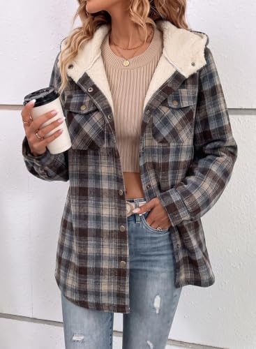 Dokotoo Womens Plaid Shacket Jacket Warm Fleece Hooded Jackets Winter Coats - color: Black02, size: Small