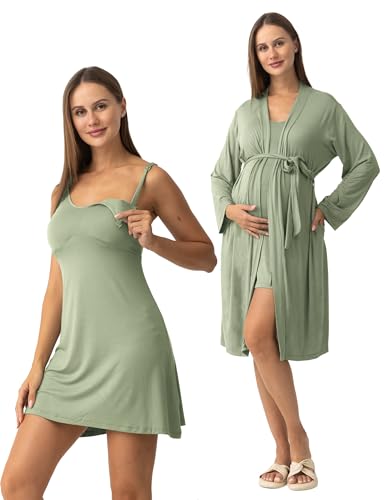 SUNNYBUY Nursing Nightgown & Maternity Robe Set for Postpartum Sleepwear - color: Greyish-green, size: Large