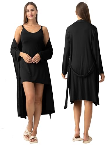 SUNNYBUY Nursing Nightgown & Maternity Robe Set for Postpartum Sleepwear - color: Black, size: Large