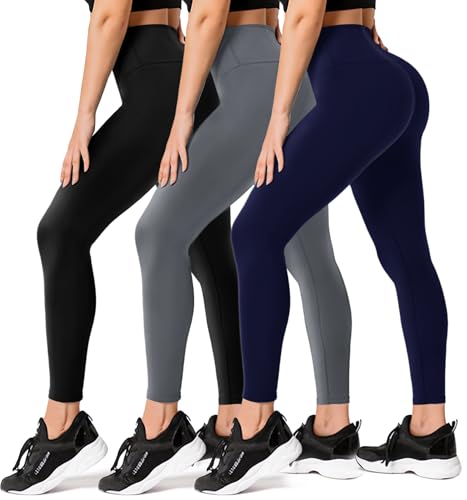 FULLSOFT 3 Pack Leggings for Women High Waisted Soft Black Yoga Pants for Workout Athletic Running Reg & Plus Size - color: 3 Pack Black, Dark Grey, Navy Blue, size: Large-X-Large