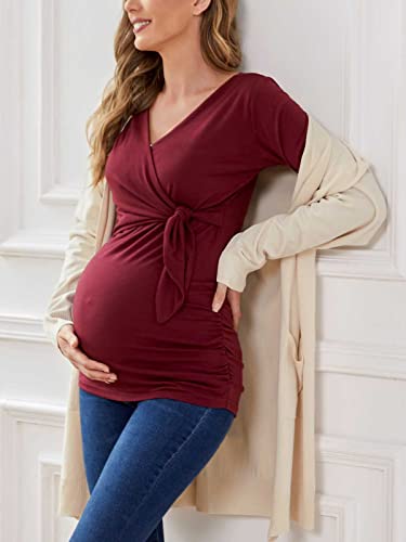 Glampunch Maternity Shirts Short & Long Sleeve Wrap Maternity Tops - color: 01-wine Red, size: Large
