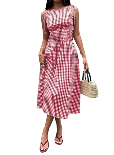Acelitt Womens Gingham Dress Flowy Maxi Beach Sun Dresses - color: Racing Red, size: X-Large
