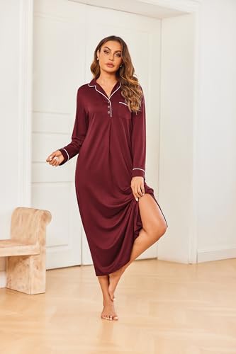 Ekouaer Long Sleeves Nightgowns for Women Button Down Night Gown - color: Wine Red, size: X-Large