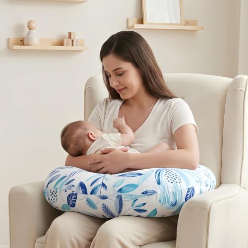 U-Shape Breastfeeding Nursing Pillow Set, 1 Insert and 2 Removable Covers - color: White & Green Leaves