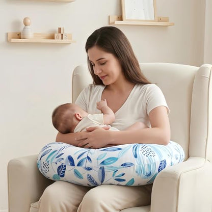 U-Shape Breastfeeding Nursing Pillow Set, 1 Insert and 2 Removable Covers - color: White & Green Leaves