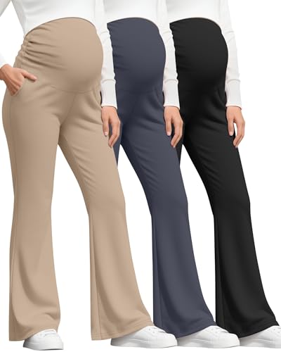 3 Pack Women's Maternity Pants Comfy Flare Trousers - color: Black, Charcoal Gray, Khaki, size: Small