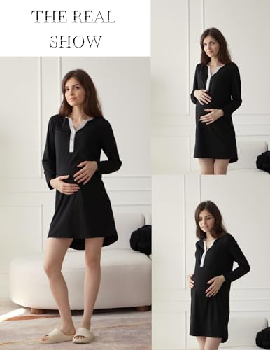 Ekouaer Women's Nightgowns Long Sleeve Button Down V Neck Pajama Dress - color: Black, size: Small