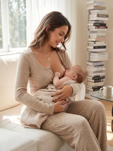 BLENCOT Maternity Clothes Ribbed Long Sleeve Sets Button 2 Piece Outfits - color: Apricot, size: Large