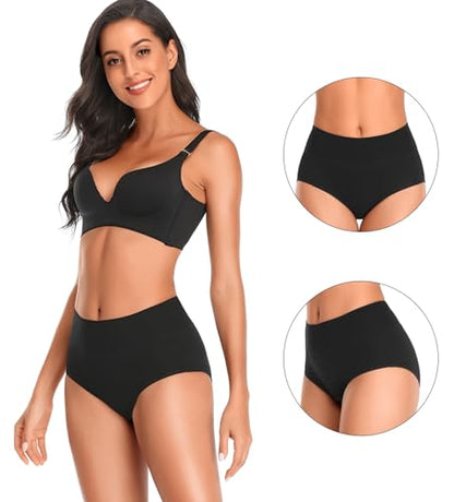 Womens Cotton Underwear High Waisted Full Coverage Briefs Ladies Panties - color: Black, 5-pack, size: Medium