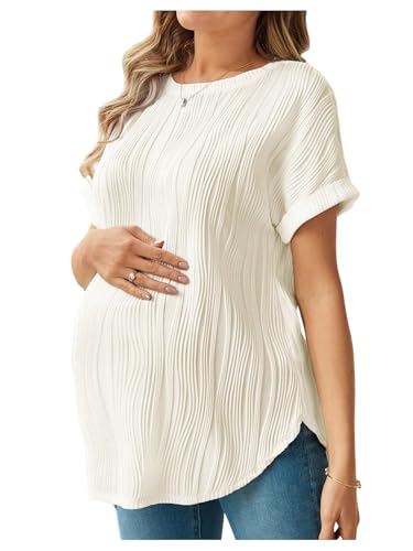 MakeMeChic Women's Maternity Work Knit Tops Nursing Short Sleeve Tees - color: Apricot Solid, size: X-Small