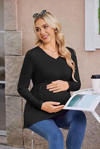 Maternity Shirts for Women Long Sleeve V Neck Fall Tops Clothes - color: Black, size: Small