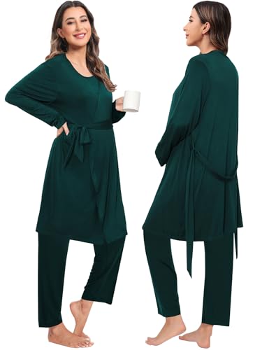 SWOMOG Maternity Nursing Robe Set 3 PCS Women Postpartum Pajamas Breastfeeding Labor Delivery Hospital Pregnancy Pjs - color: Emerald Green, size: XX-Large