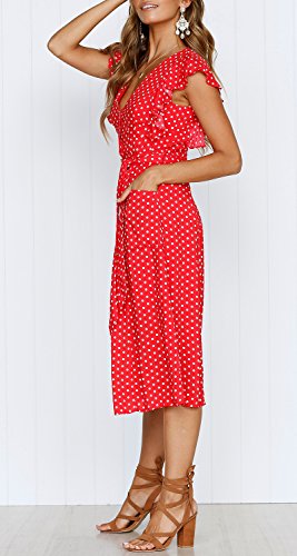 MITILLY Women's Boho Polka Dot Flutter Short Sleeve V Neck Button Down Swing Midi Dress with Pockets - color: 01 Red, size: X-Large