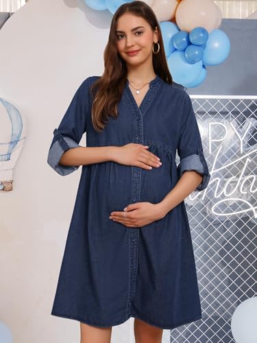 Women's Maternity Denim Dress Babydoll Long Sleeve Cotton Button Down Shirt Dresses Fall - color: Deep Blue, size: Large