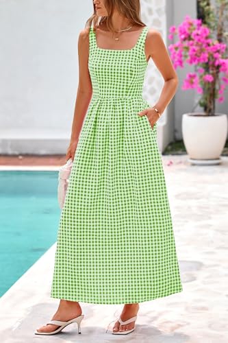 PRETTYGARDEN Women's Summer Gingham Maxi Long Dress - color: Green, size: Small