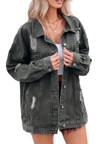 LifeShe Women's oversized Jean Jacket distressed denim Coat with Pockets - color: Green, size: Small