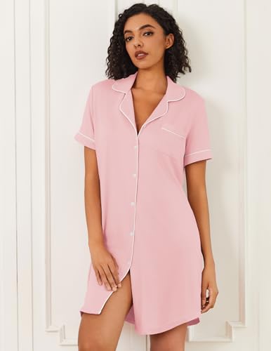 Ekouaer Nightgowns for Women Bamboo Viscose Button Down Sleepshirts - color: Pink, size: Medium