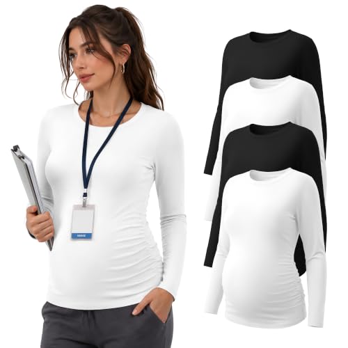 Locoowai 4 Pack Long Sleeve Maternity Underscrub Tops for Nurses - color: Black, White, size: Small
