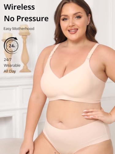 Jelly Support Wireless Nursing Bra V Neck Front Easy Open Clips Maternity Breastfeeding Bralette - color: Beige, size: Large