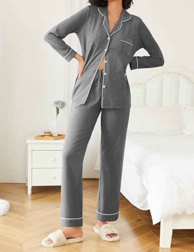 Ekouaer Womens Pajamas Set Button Down Long Sleeve Top & Pants Lounge Sets - color: Grey, size: Large