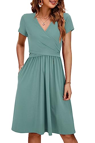 OUGES Women's Wrap V Neck Summer Casual Maternity Nursing Dress - color: Gray Blue, size: X-Large