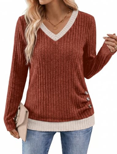 Sampeel V Neck Long Sleeve Shirts Button Side Sweaters Color Block Tops - color: Caramel, size: X-Large