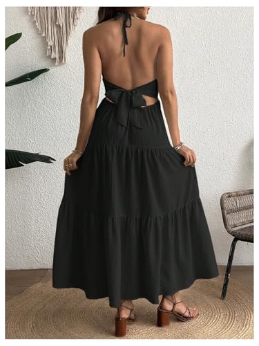 Milumia Women's Maternity Flowy Halter Maxi Dress Summer Sundress - color: Black, size: Medium