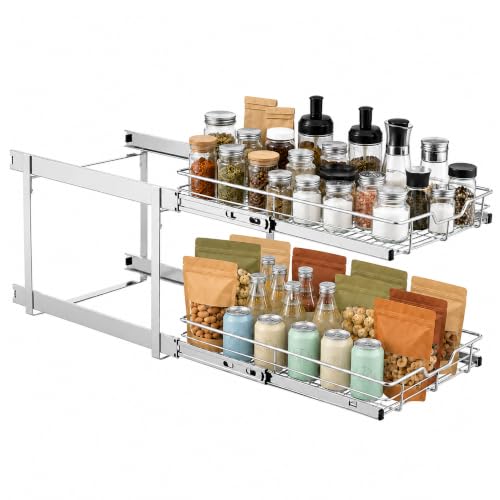 2 Tier Individual Pull Out Cabinet Organizer 15" W x 22" D, Heavy Duty Pull Out Drawers for Kitchen Cabinets, Slide Out Shelves for Base Cabinet Organization in Kitchen Bathroom Pantry - color: Silver