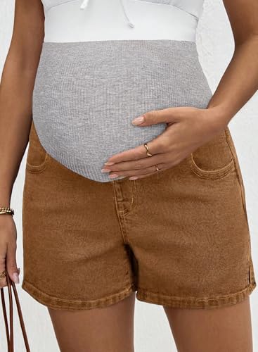 BLENCOT Maternity Jeans Over The Belly Pregnancy Clothes with Pockets - color: Brown, size: Large