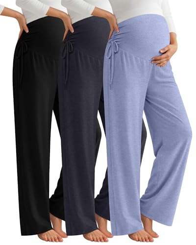 Neer 3 Pack Women's Maternity Lounge Wide Leg Pants - color: Sky Blue, Dark Gray, Black, size: Large