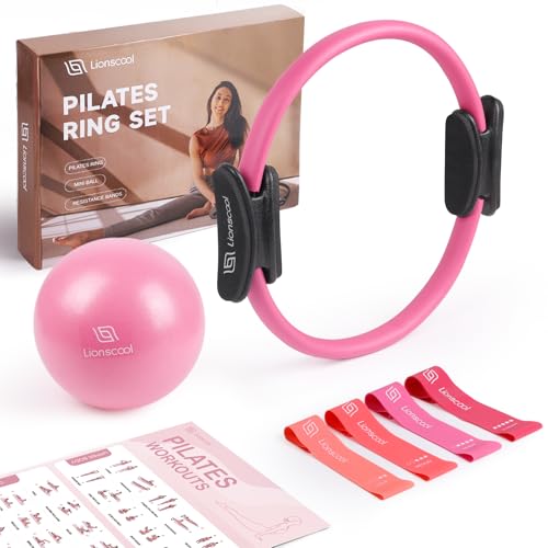 LIONSCOOL Pilates Ring Set 14" Magic Circle, 9" Mini Ball, Resistance Bands - color: Pink