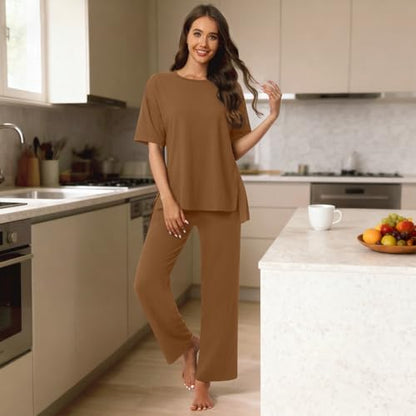 Netsmile Lounge Sets for Women Fall Pajamas 2 Piece Pjs Postpartum Outfits - color: Brown, size: 3X-Large