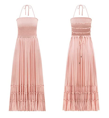 R.Vivimos Womens Summer Boho Sexy Backless Long Dresses - color: Blush, size: Small