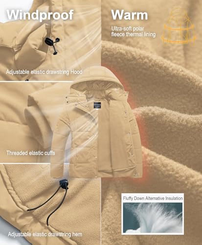 CREATMO US Women's Plus Size Warm Puffer Jacket Waterproof Fleece Lined Winter Coat with Removable Hood - color: Khaki, size: 2X
